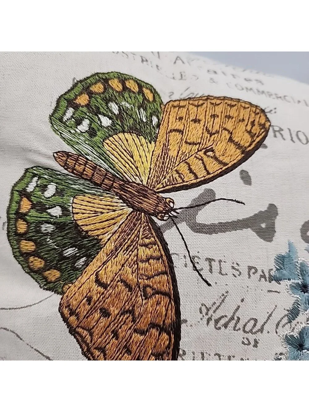 Pier 1 Throw Pillow Butterfly Flower Embroidered Tan, Brown , Green 16